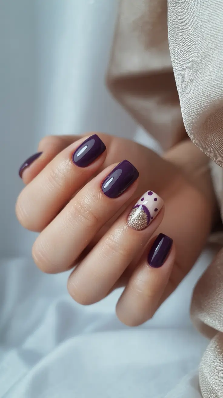 winter color nails gel short Velvet Plum and Gold Accent