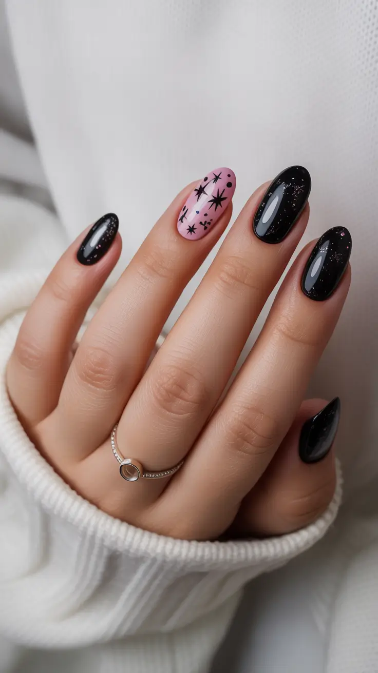 winter color nails black women Starry Black Night