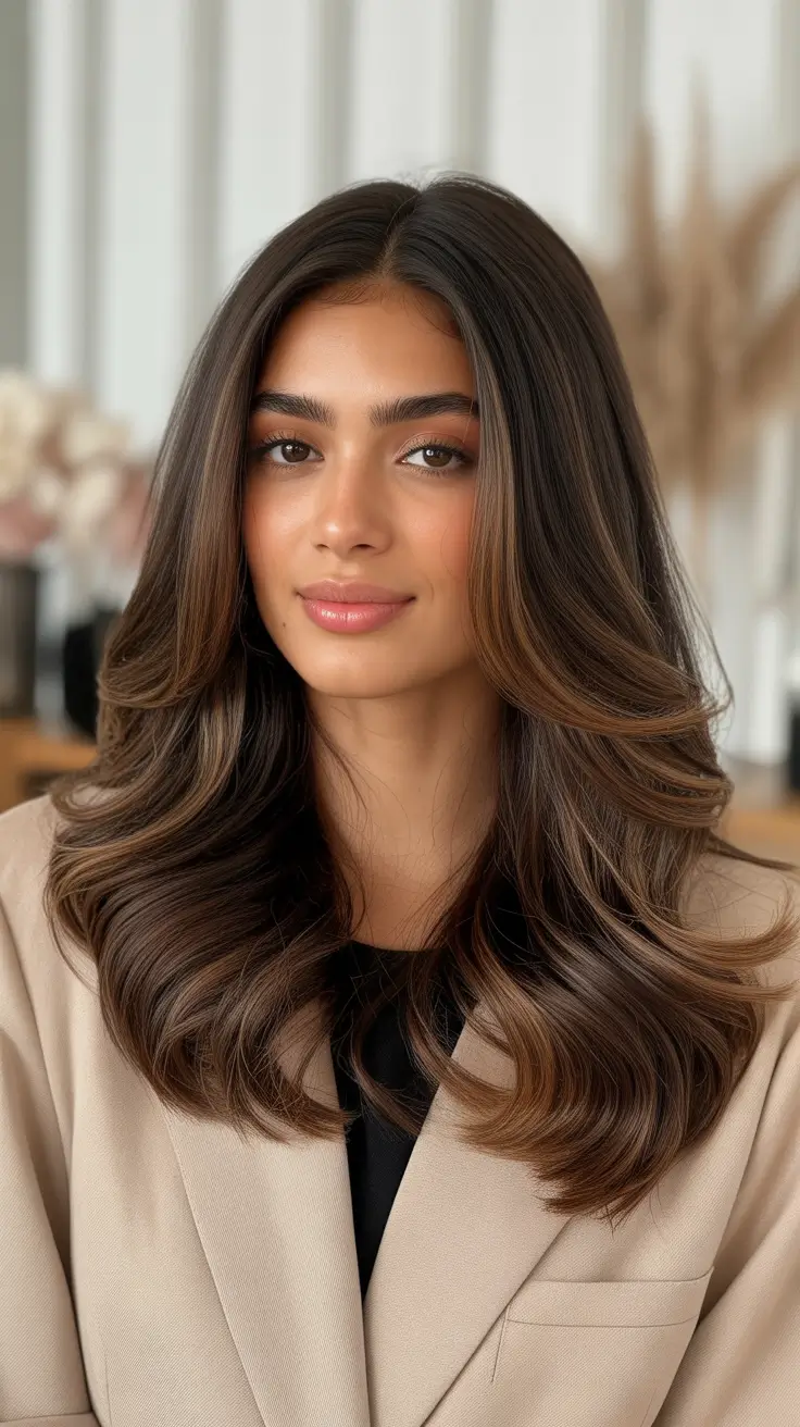 hair color for dark winter skin tone Soft Chestnut Layers with Luminous Shine
