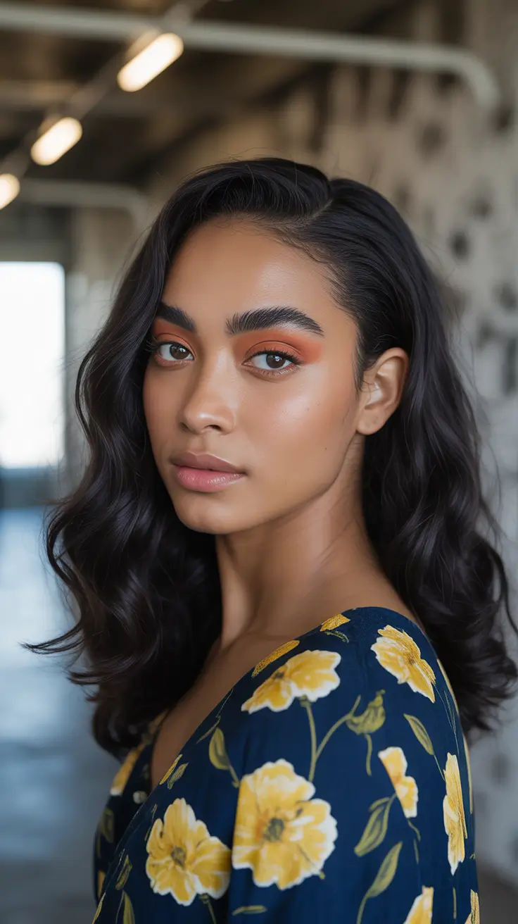 winter hair color on dark skin Mid-Length Jet Waves with Subtle Shine