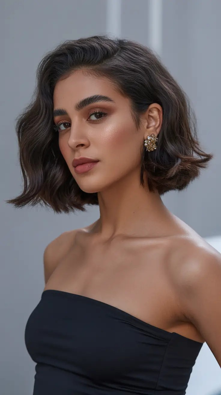 dark winter skin tone hair color Bronzed Cocoa Bob with Soft Waves