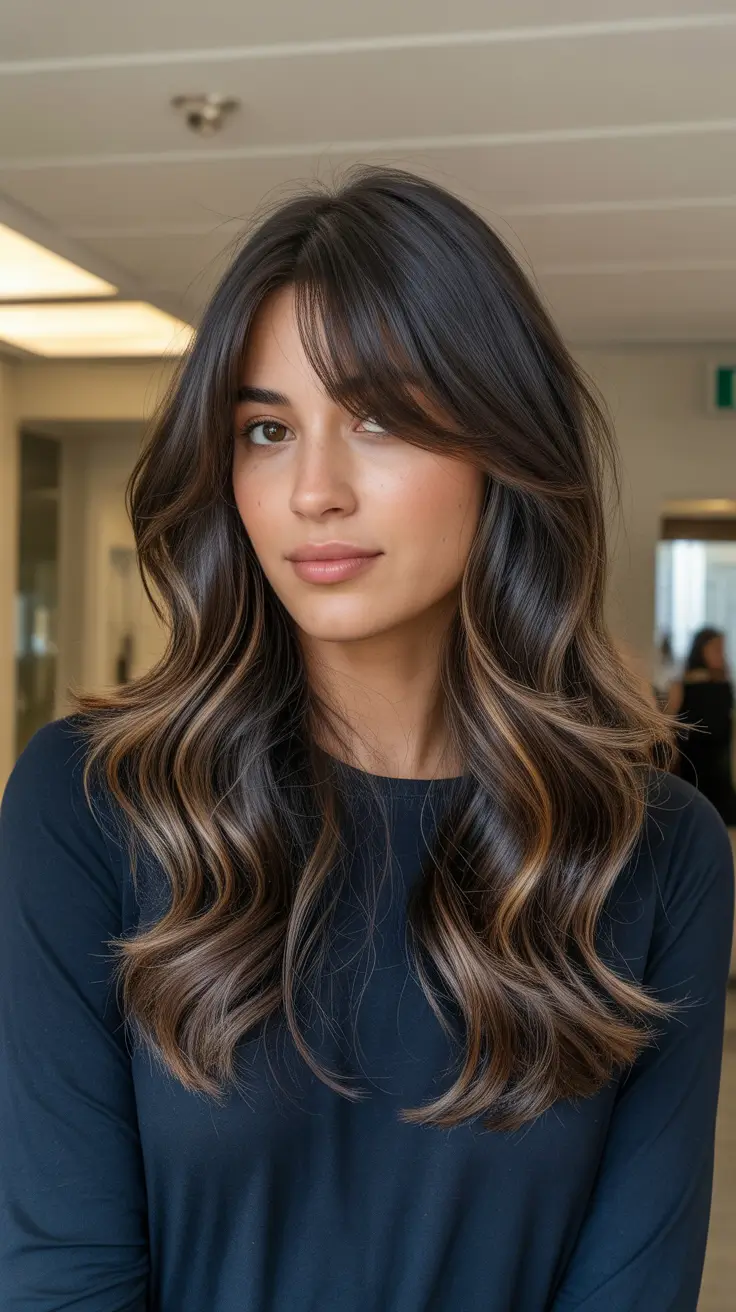 winter hair color ideas for dark skin Caramel-Drizzled Waves with Curtain Bangs