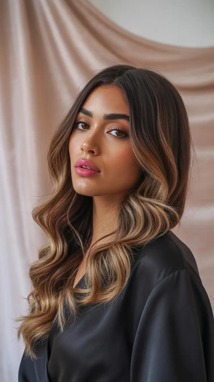 winter hair color for dark skin women Golden Melt Balayage on Deep Brunette Base
