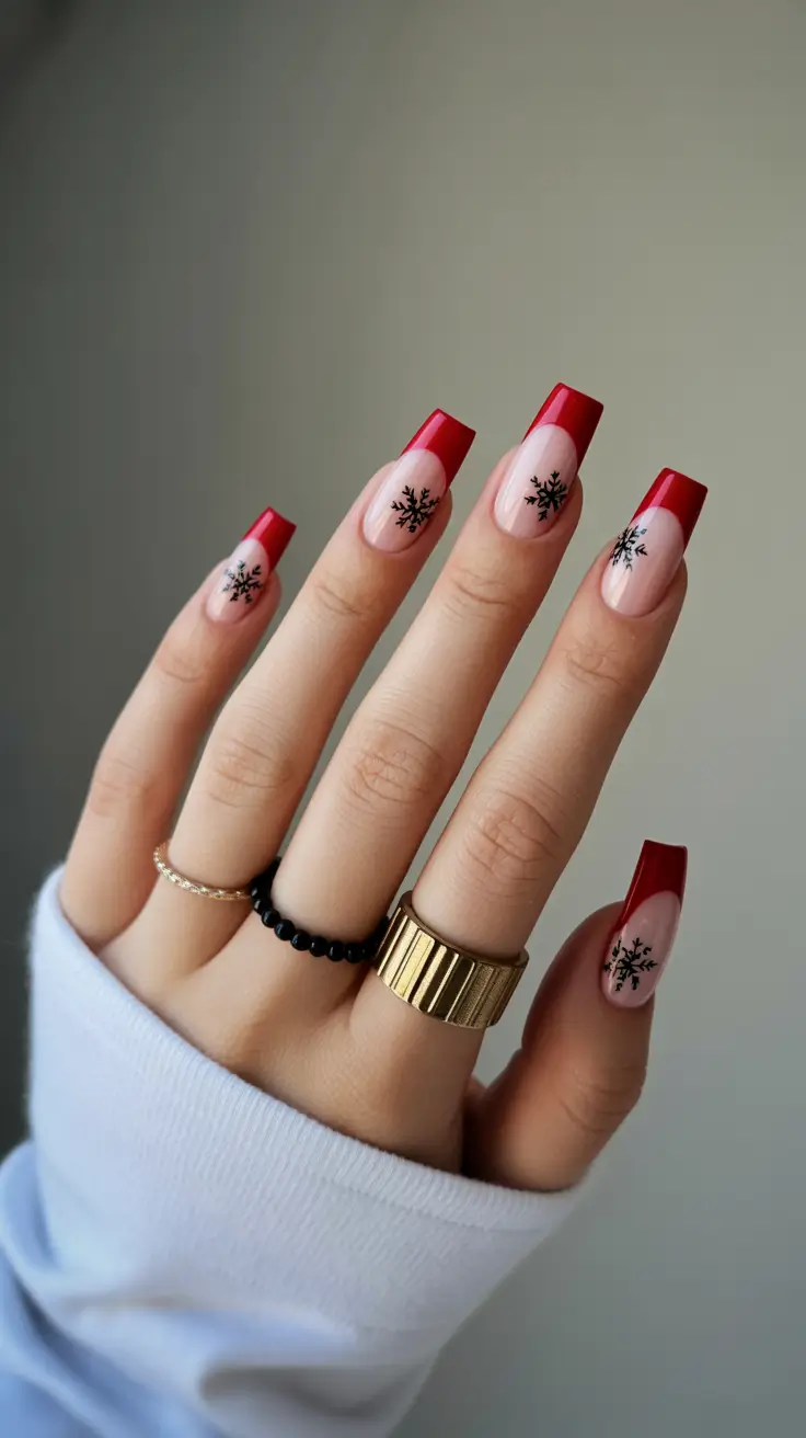red christmas nails winter Glossy Red Tips with Black Snowflakes