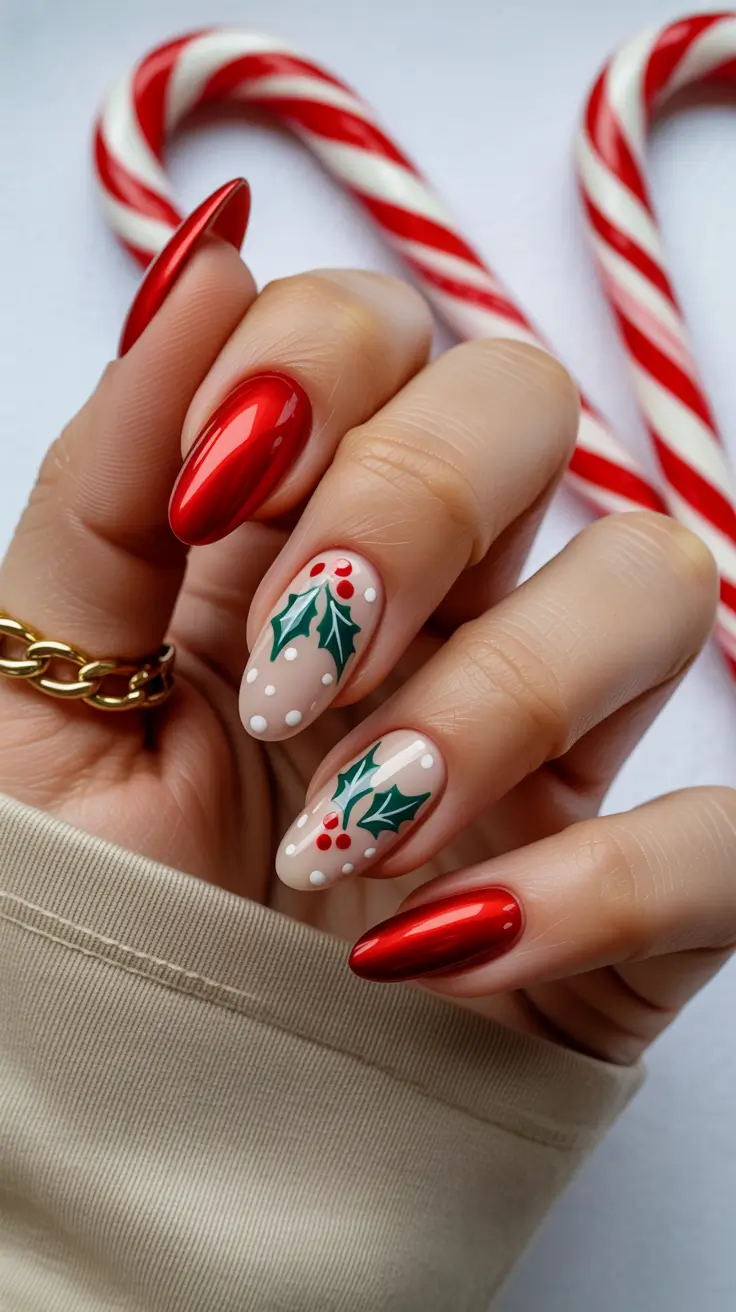 red christmas nails trendy Chrome Red with Holly Leaves