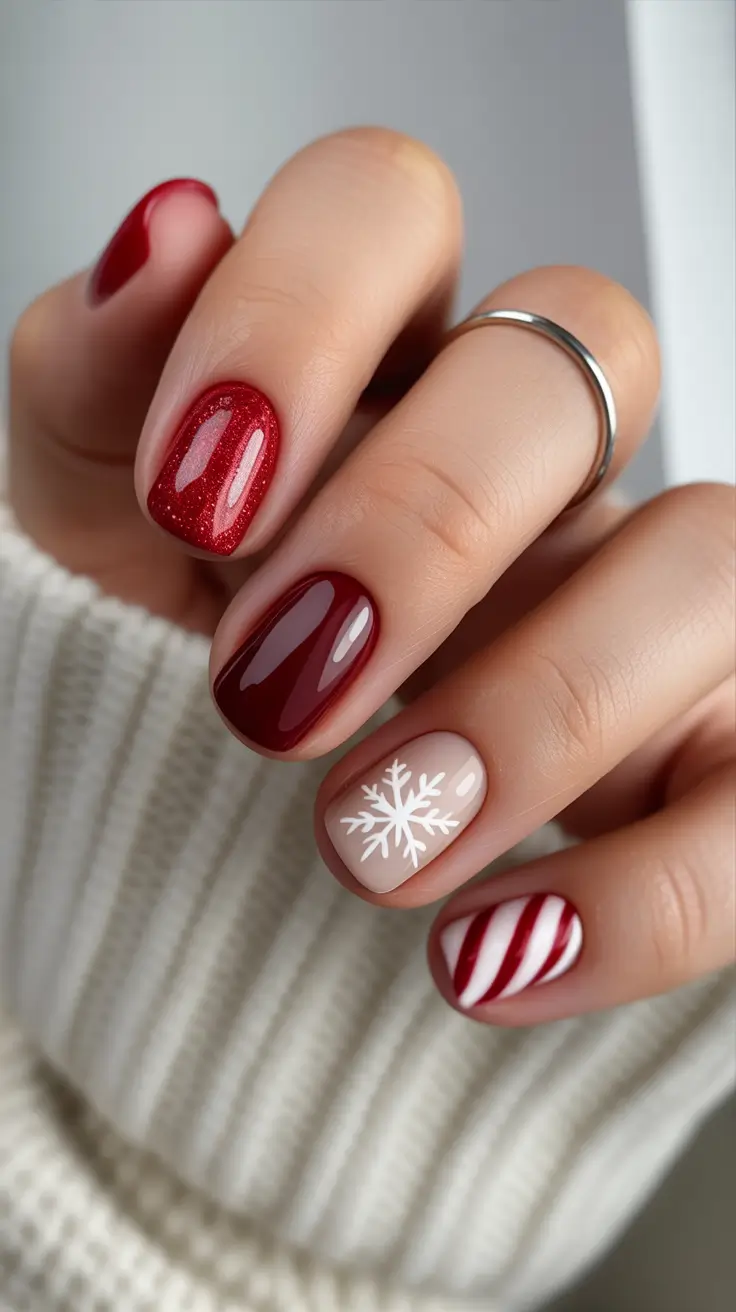 red christmas nails ideas Red Sparkle and Candy Cane Stripes