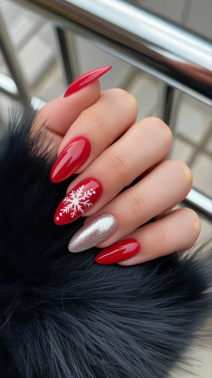 red christmas nails 2026 Silver Accent and Snowflake Shine