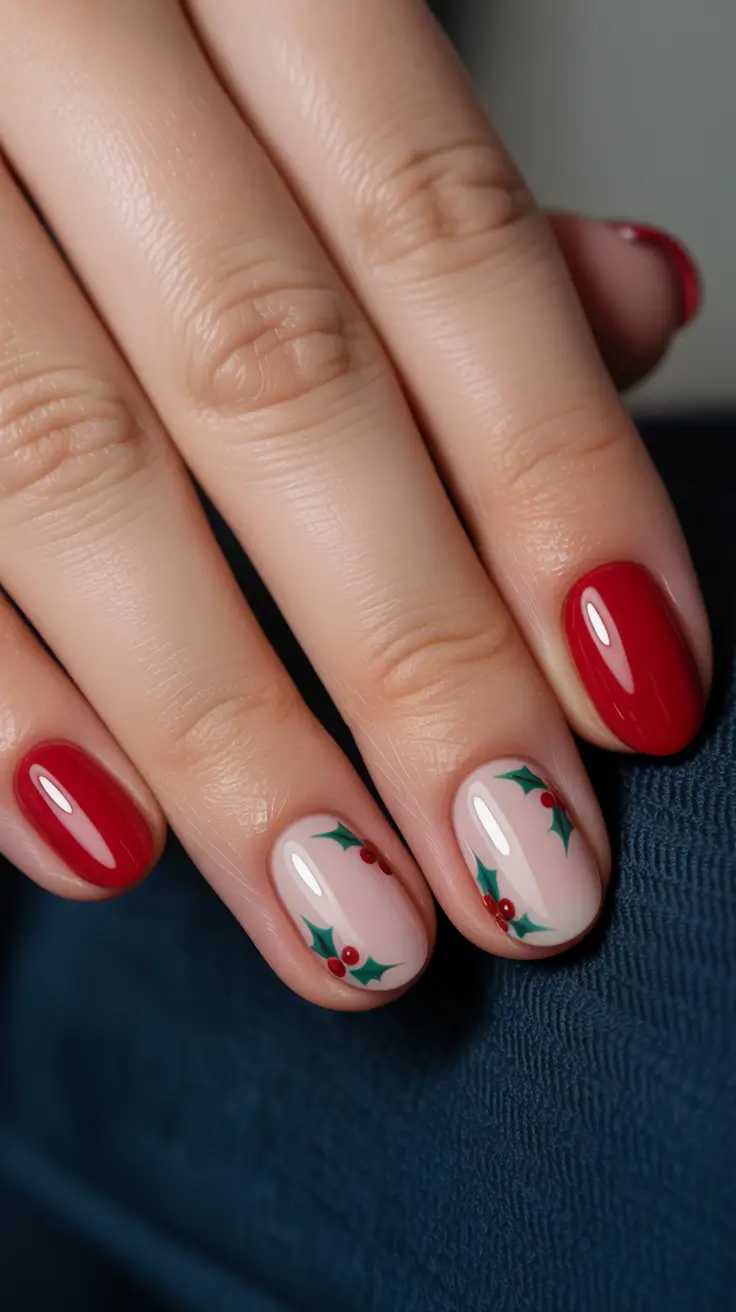red christmas nails designs Minimal Holly Leaf Accents