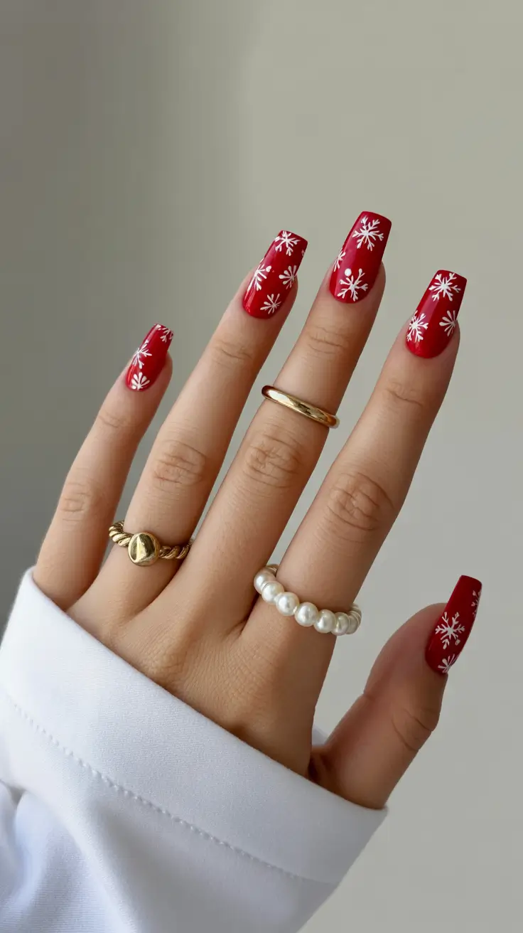 red christmas nails square Matte Red Snowflake Perfection