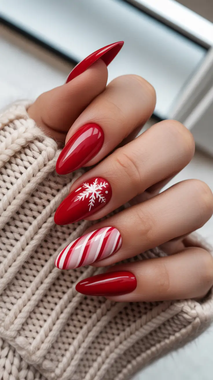 red christmas nails winter Red Almond Candy Cane Vibes