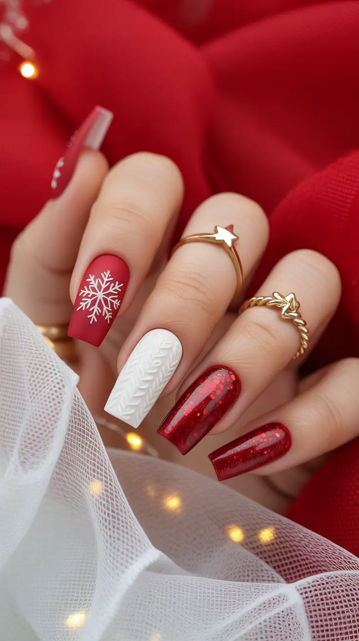 red christmas nails acrylic Knit Texture and Red Sparkle Elegance