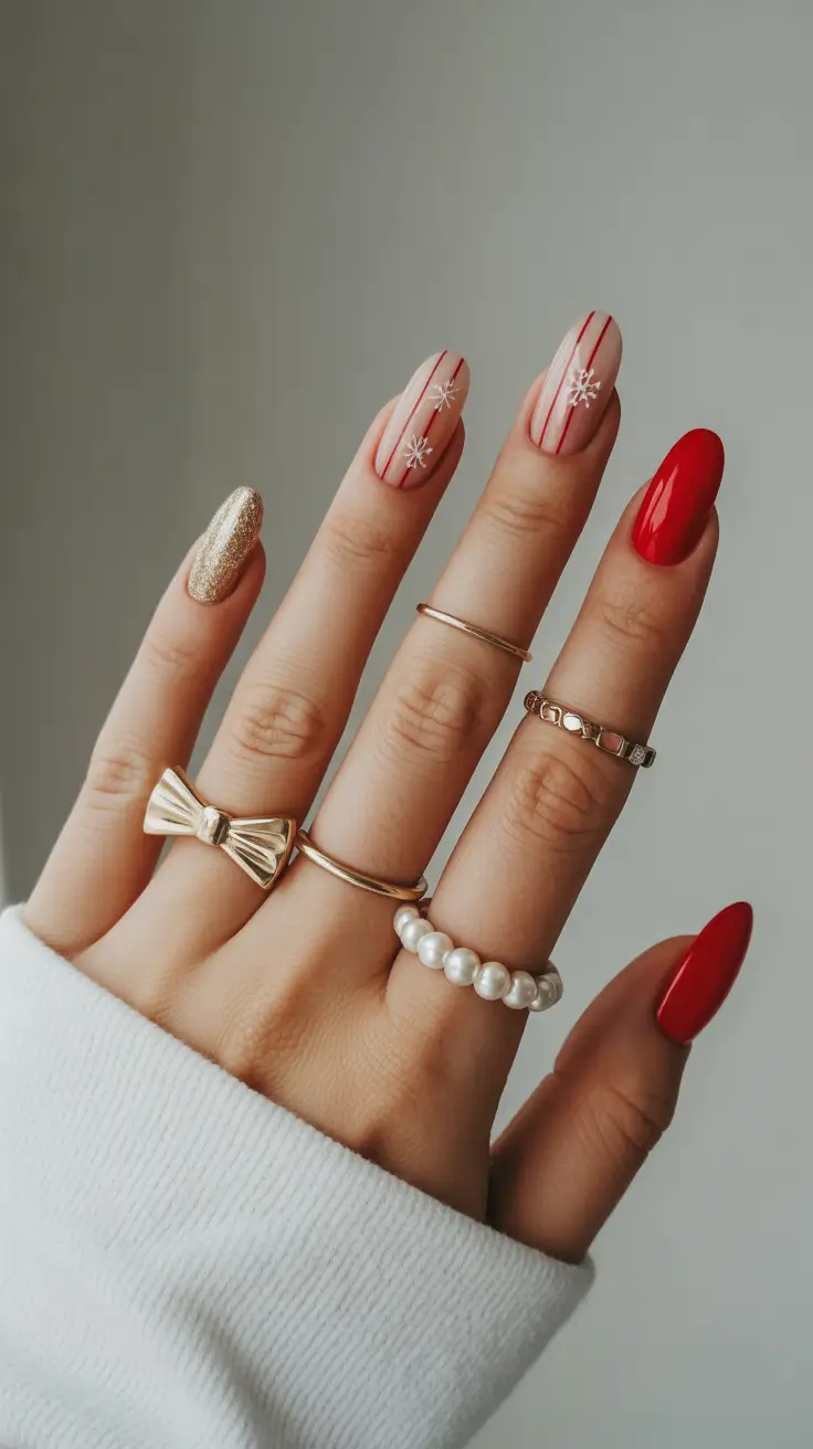 red christmas nails simple Gold Touch and Minimal Snowflakes