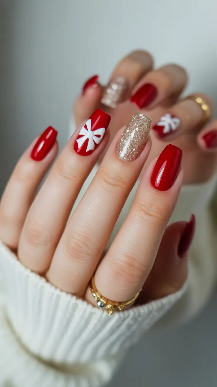 red christmas nails designs Gift Bow Glam and Glitter Finish