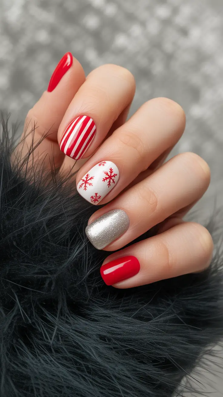 red christmas nails ideas Candy Cane Stripes and Snowflake Mix