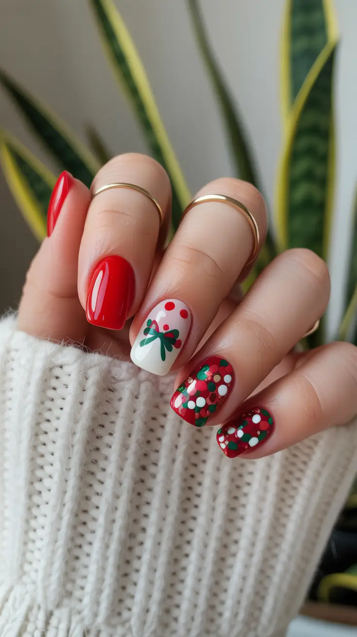 red christmas nails ideas Festive Polka Dots and Green Accents
