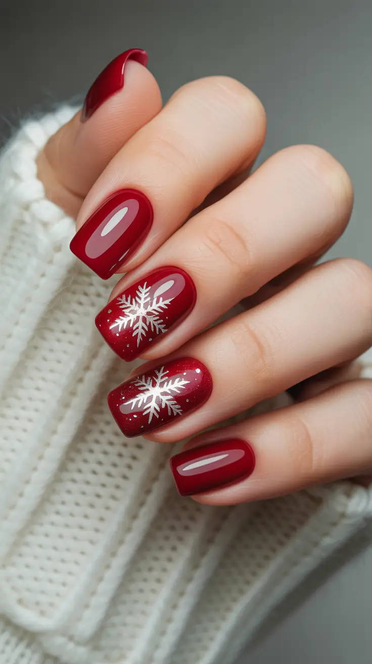 red christmas nails short Deep Red Gloss with Silver Snowflakes