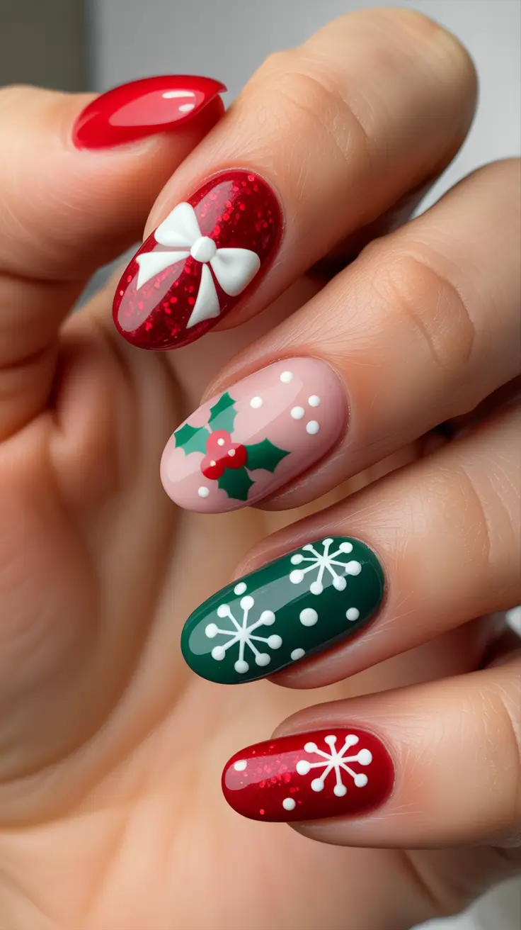 red christmas nails designs Festive Holly and Bow Design