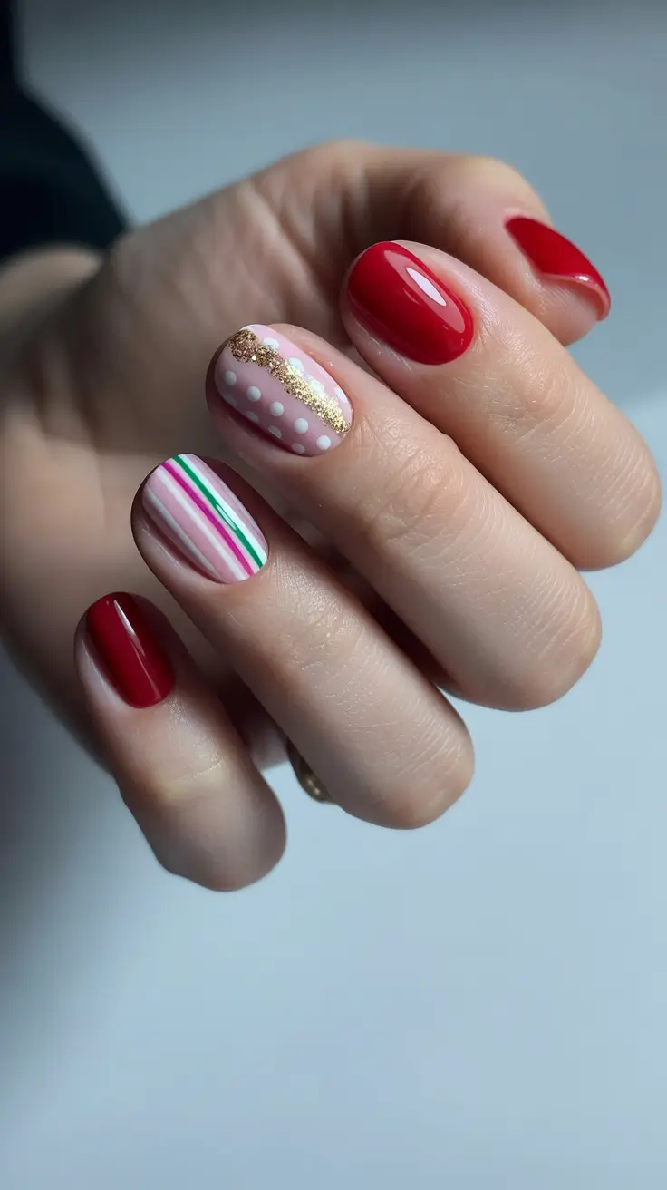 red christmas nails acrylic short Subtle Gold Lines and Candy Stripes