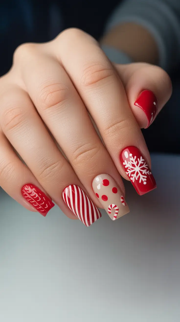 red christmas nails 2026 Classic Red and Peppermint Play