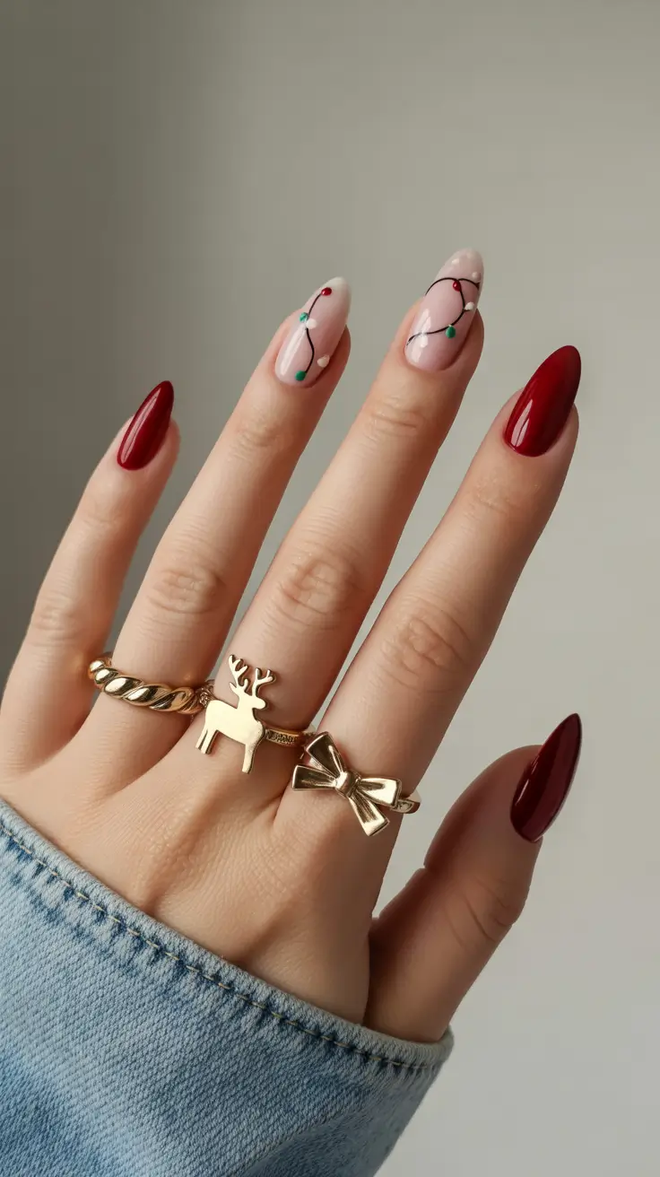 red christmas nails almond Holiday Lights and Deep Red Glow