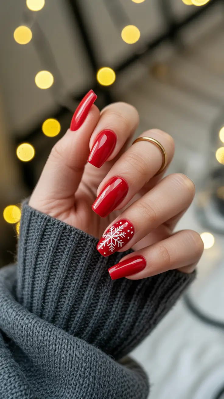 red christmas nails acrylic Classic Red with White Snowflake Accent