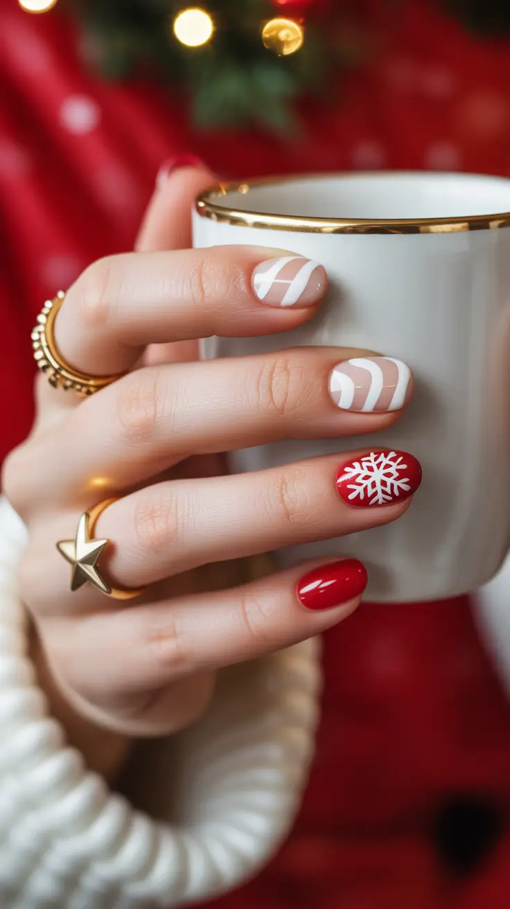 red christmas nails short Candy Swirl and Snowflake Combo