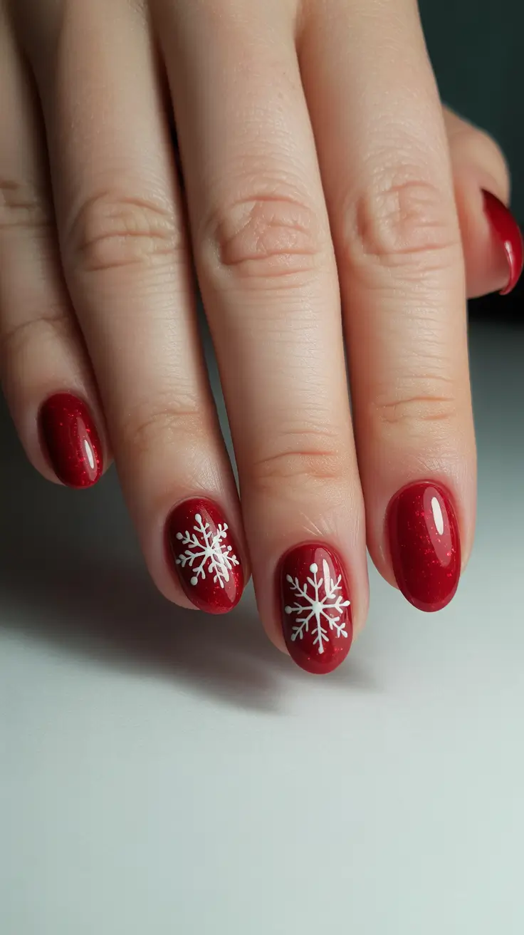 red christmas nails simple Simple Red Sparkle with White Snowflakes
