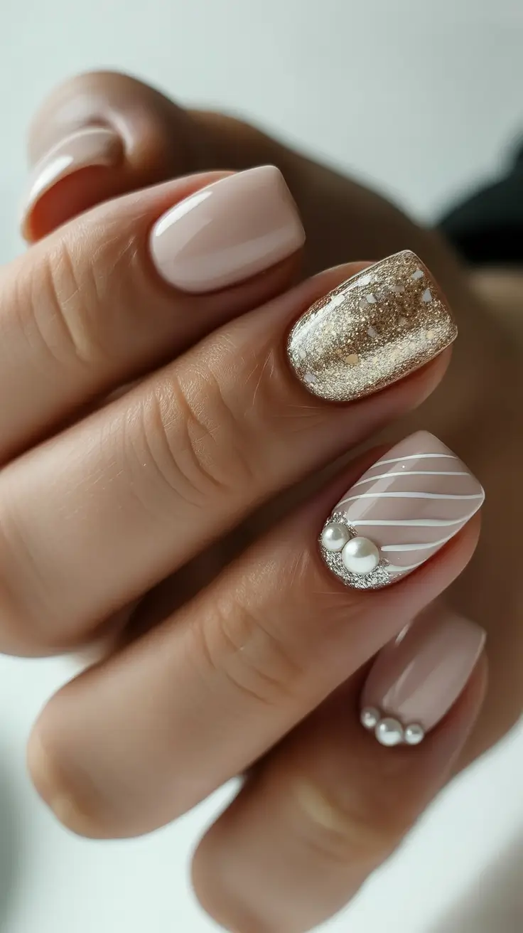 simple christmas nails white Golden Pearl Elegance