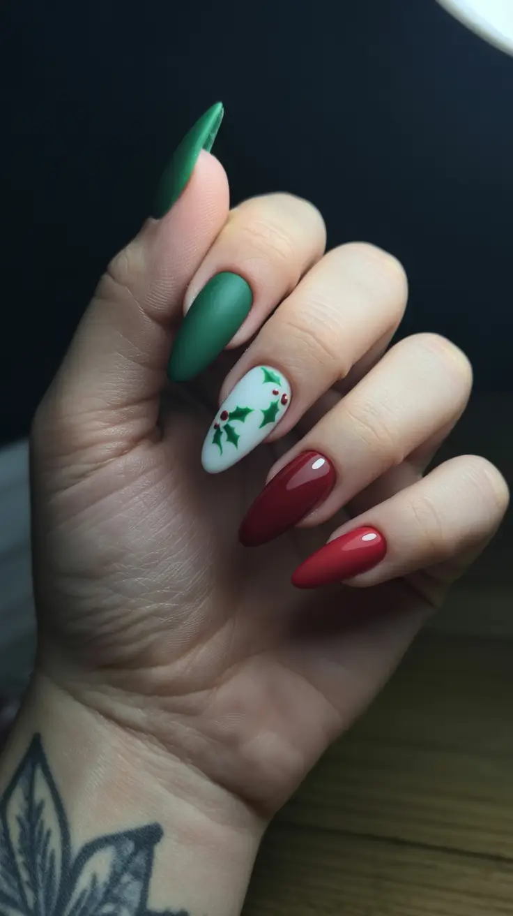 simple christmas nails almond Matte Mistletoe Magic