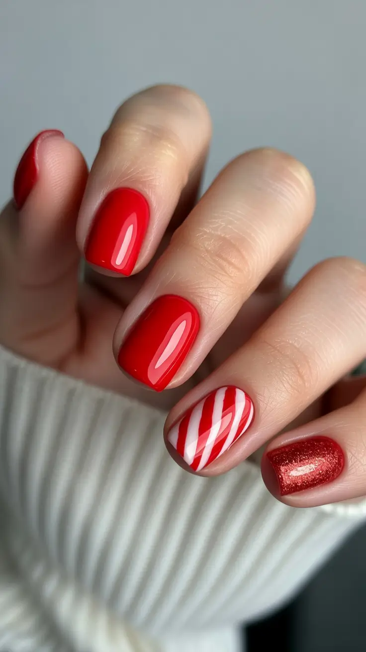 simple christmas nails short Classic Red with a Peppermint Twist