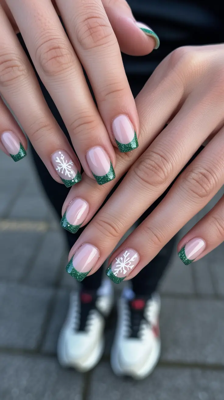simple christmas nails green Frosted French Charm