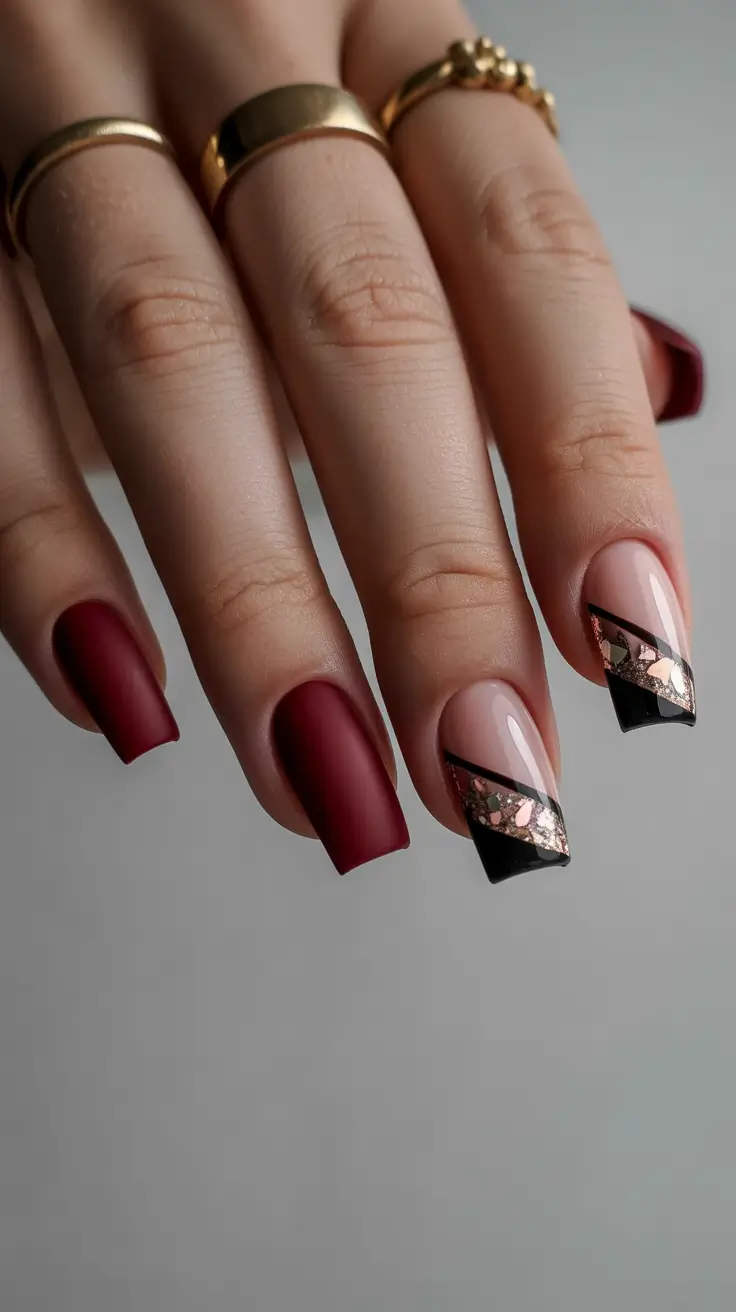 simple winter nails 2026 almond Matte Burgundy with Black and Gold Geometry
