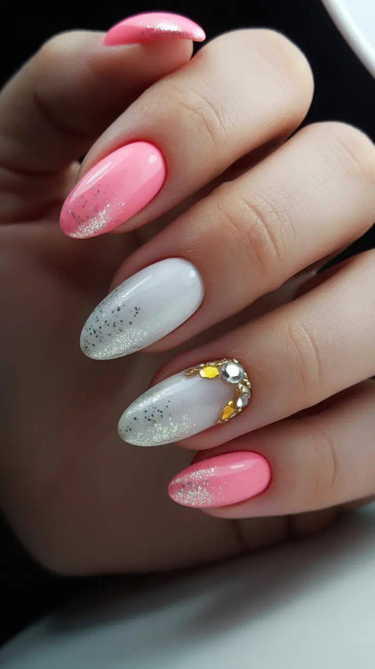 simple winter nails 2026 almond Frosted Pink with Gem Accents