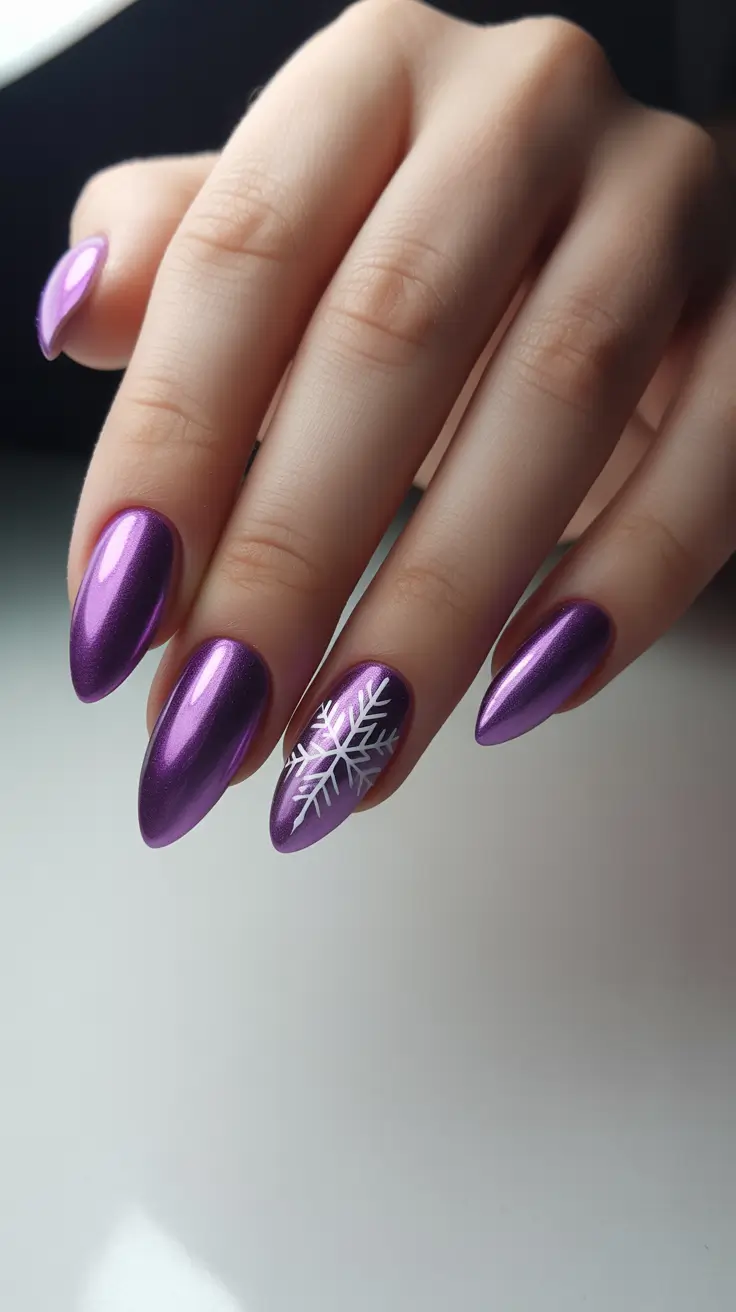 simple winter nails 2026 almond Violet Chrome Snowflake