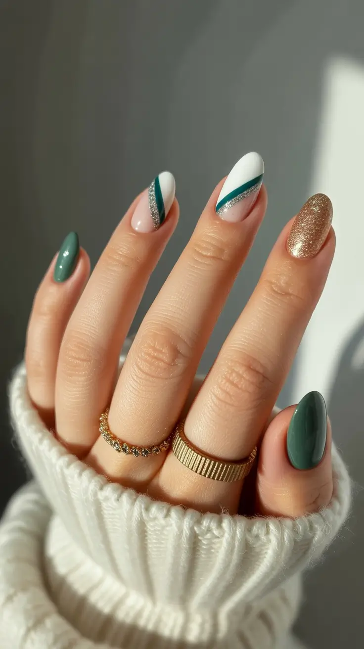 simple winter nails 2026 square Emerald Gold and White Diagonal Glam
