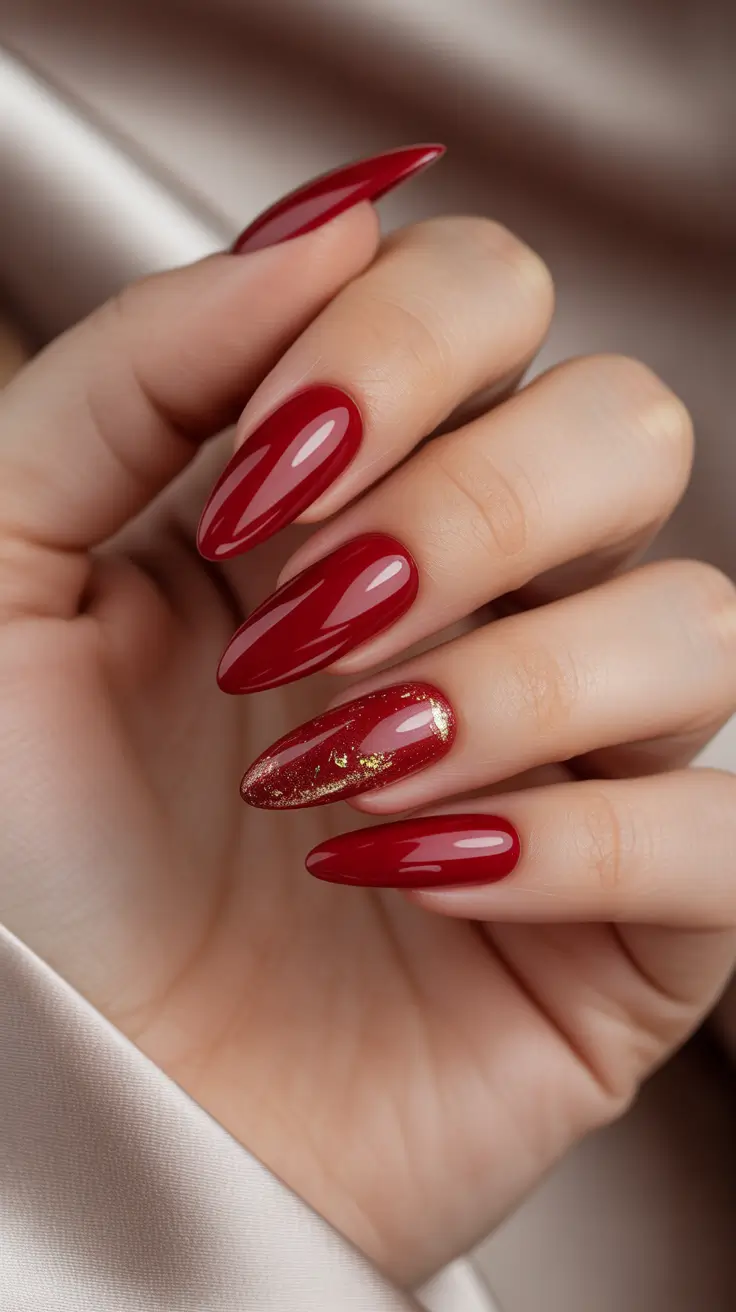 simple winter nails 2026 almond Classic Crimson with Gold Accent
