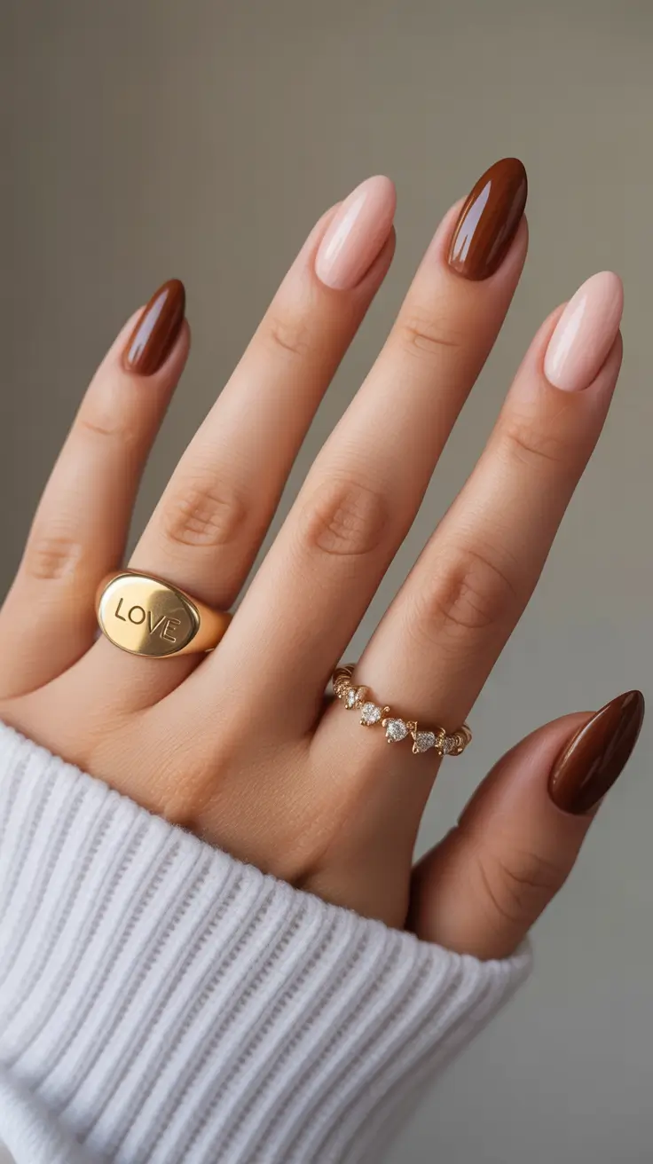 simple winter nails short neutral Caramel and Nude Duo