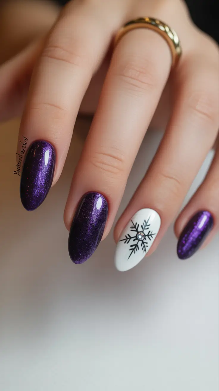 simple winter nails blue Midnight Plum and Snowflake Accent