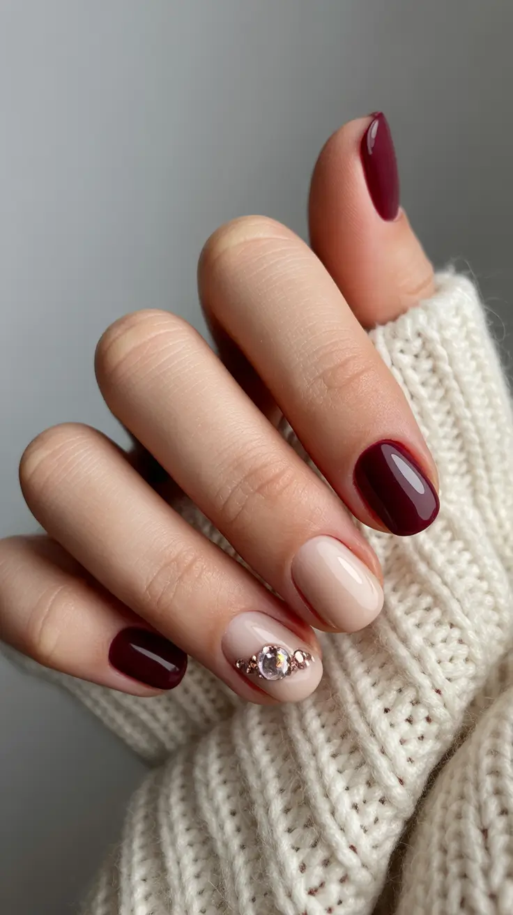 simple winter nails short neutral Burgundy Elegance with Nude Accent