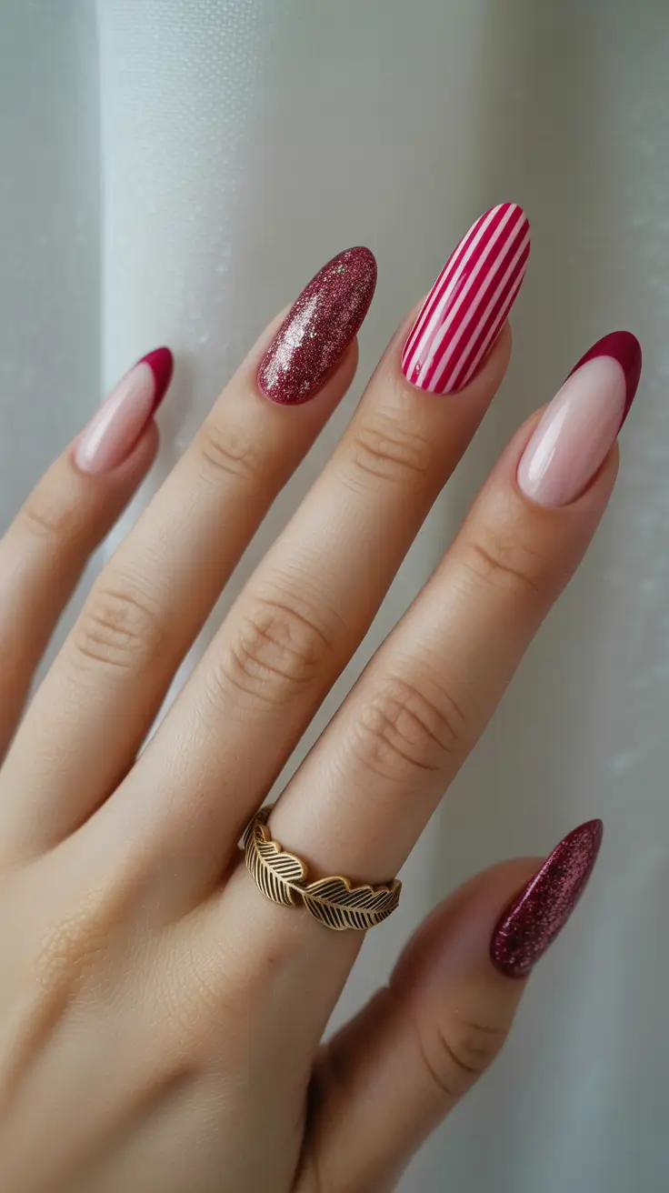 simple winter nails 2026 square Candy Stripe and Glitter Berry