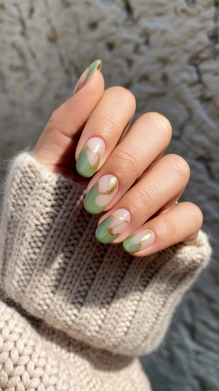 simple winter nails 2026 almond Sage Green with Golden Waves
