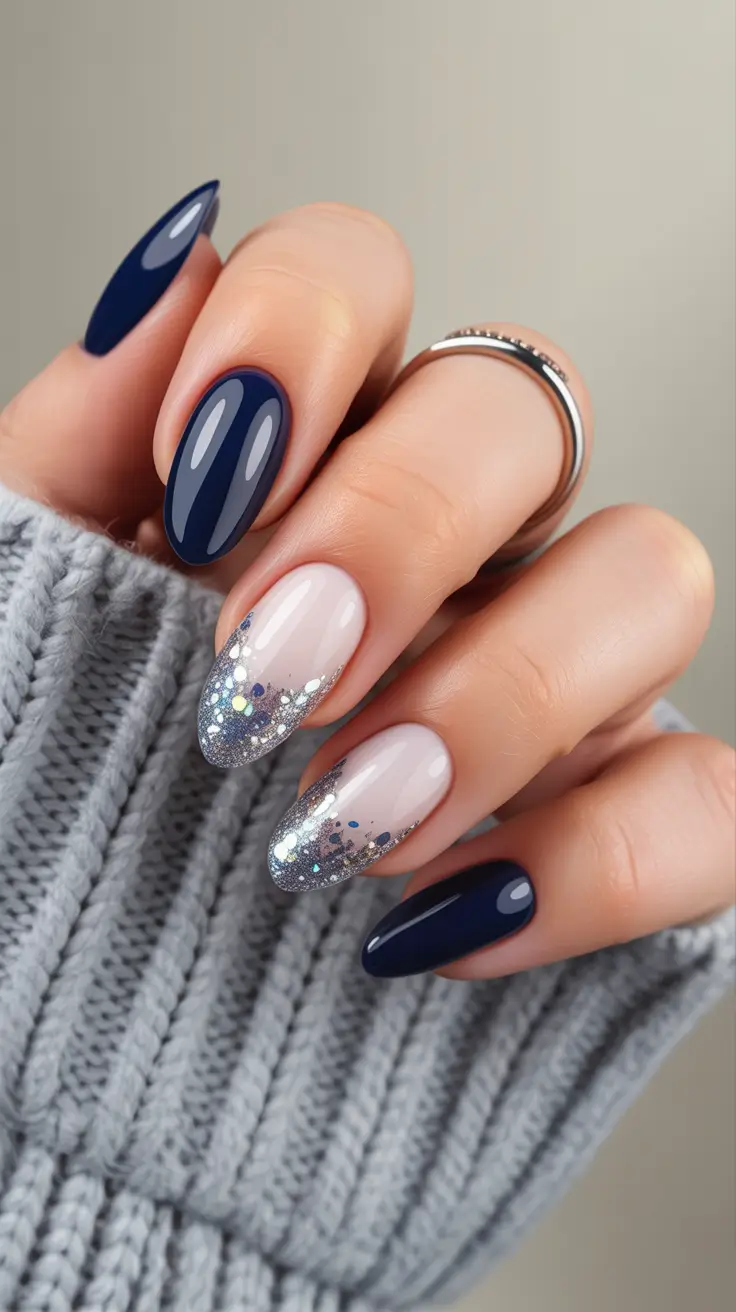 simple winter nails blue Blue Ice Gradient with Silver Glitter