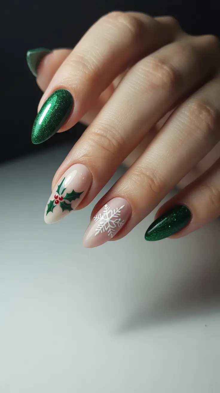 simple winter nails 2026 almond Emerald Frost with Holiday Motifs