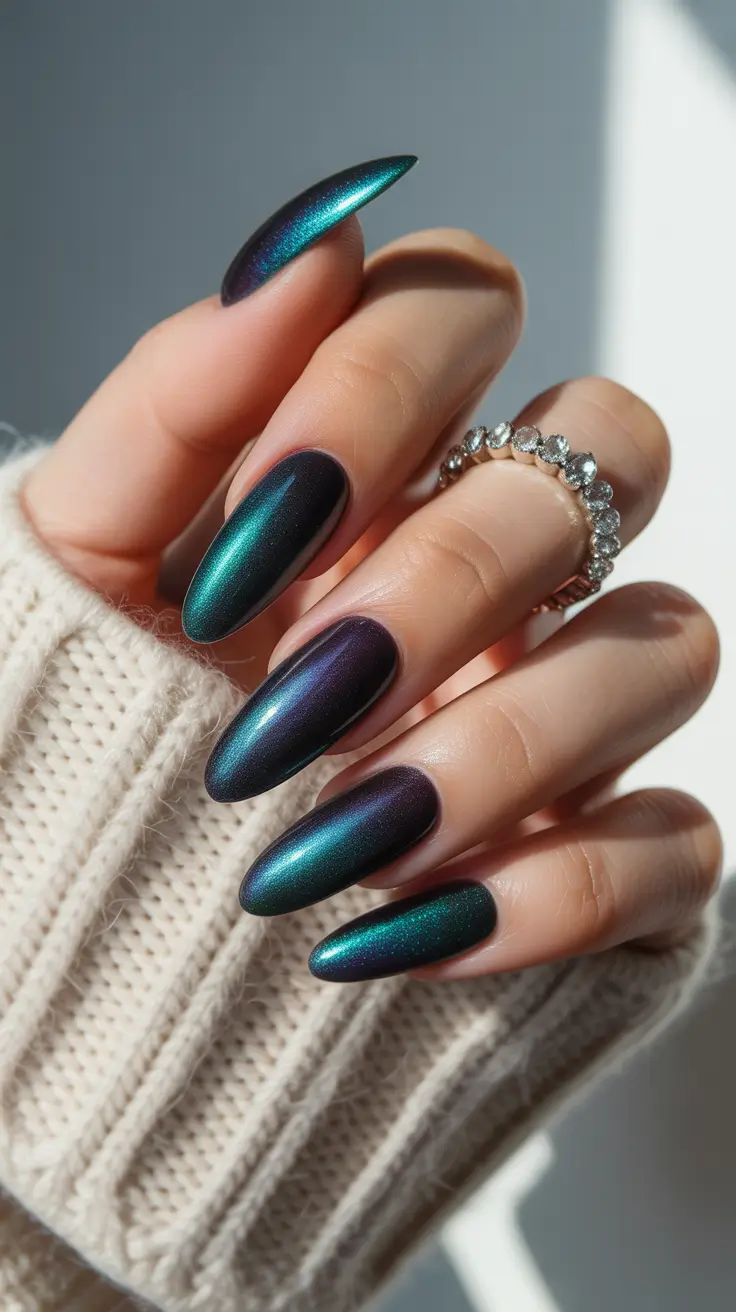simple winter nails 2026 almond Teal Chrome Illusion