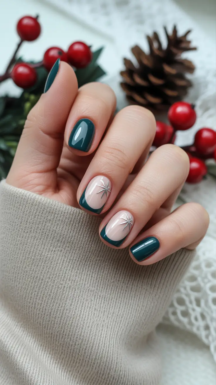simple winter nails short neutral Evergreen French with Silver Stars