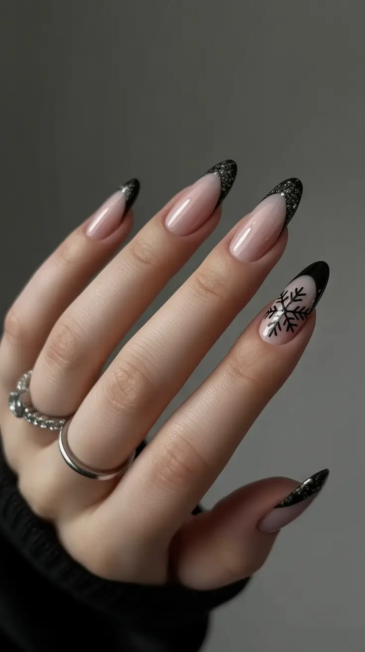 simple winter nails black glitter Black Glitter French with Snowflake Accent