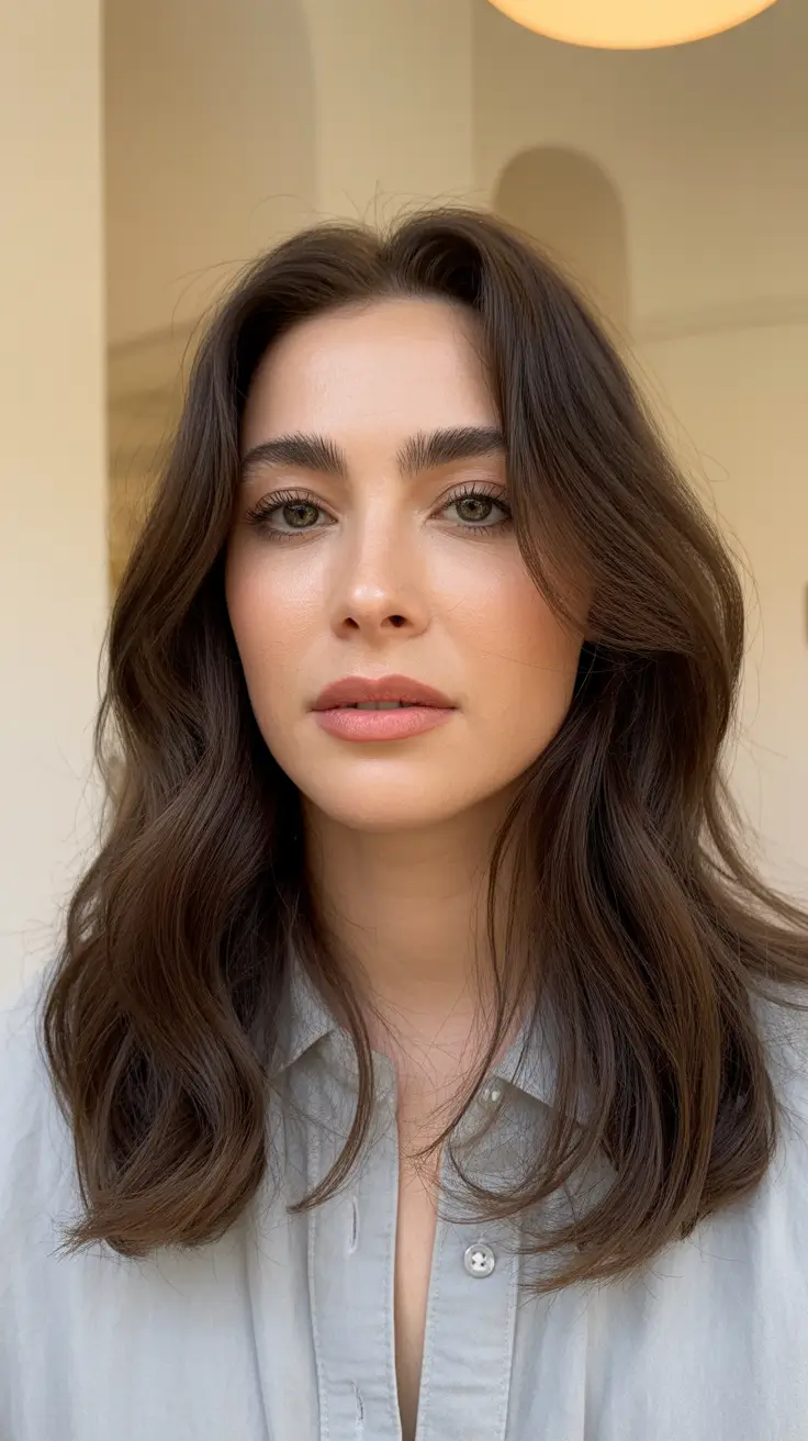 soft winter hair color ideas Soft Espresso Waves with Natural Warmth