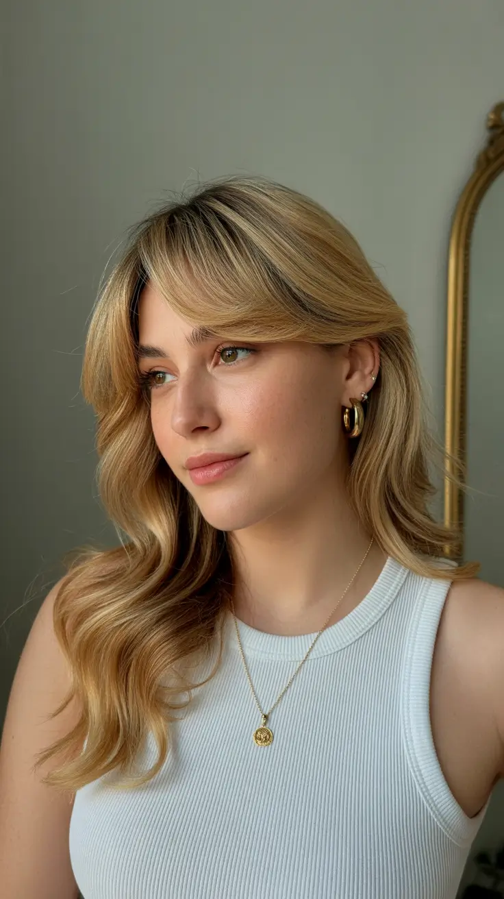 soft winter hair color ideas Buttery Champagne Waves with Soft Bangs