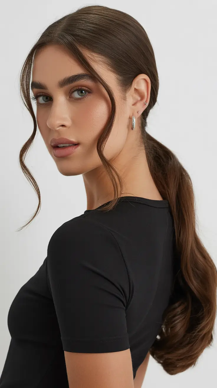 soft winter hair color ideas Polished Brunette Ponytail with Glossy Texture