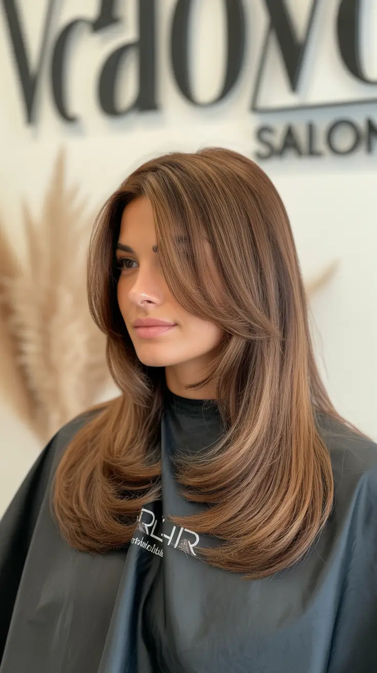 soft winter hair color ideas Warm Mocha Layers with Feathered Movement